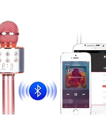 Microfon Karaoke, pentru Copii, Bluetooth, Boxa Incorporata, Compatibil cu Orice Smartphone, Acumulator Integrat, Multifunctional, Rose Gold
