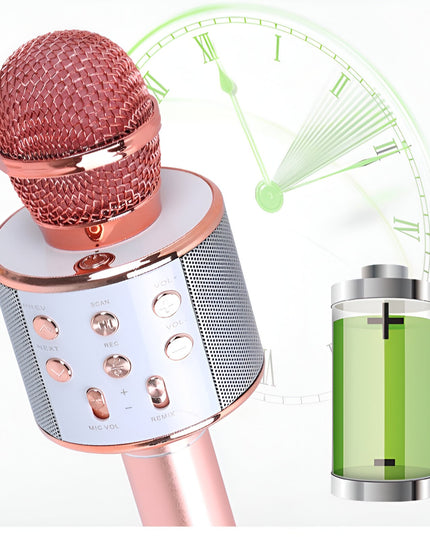 Microfon Karaoke, pentru Copii, Bluetooth, Boxa Incorporata, Compatibil cu Orice Smartphone, Acumulator Integrat, Multifunctional, Rose Gold
