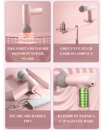 Mini Aparat de Masaj, Tip Pistol, Incarcare USB Tip C, Portabil, Pentru Relaxare Musculara, Autonomie 120 Min, 3 Trepte de Viteza