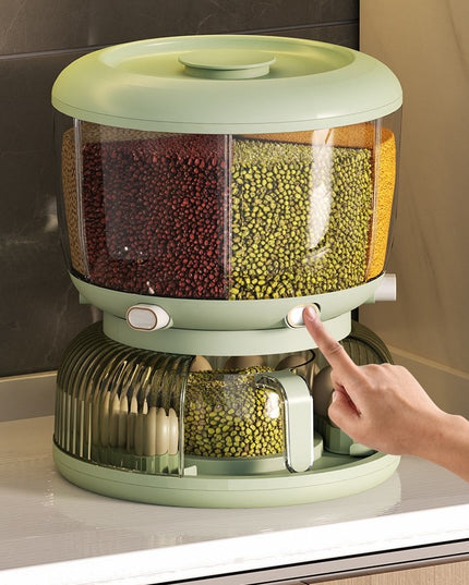 Dozator Etajat de Cereale Rotativ 360, 6 Compartimente, Capacitate 10L, Cofraj Special pentru Oua, Vas pentru Scurgerea Cerealelor