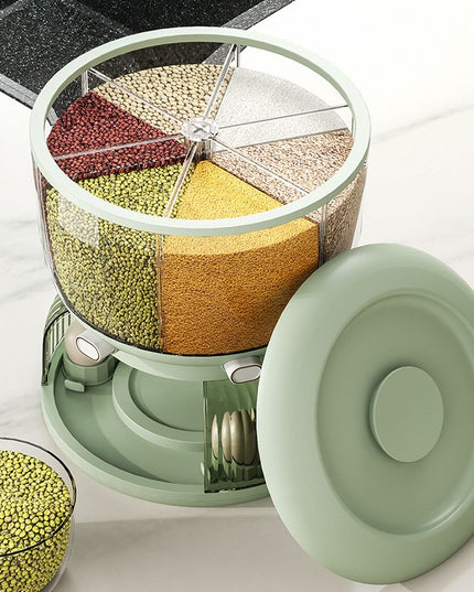 Dozator Etajat de Cereale Rotativ 360, 6 Compartimente, Capacitate 10L, Cofraj Special pentru Oua, Vas pentru Scurgerea Cerealelor