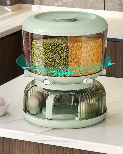 Dozator Etajat de Cereale Rotativ 360, 6 Compartimente, Capacitate 10L, Cofraj Special pentru Oua, Vas pentru Scurgerea Cerealelor