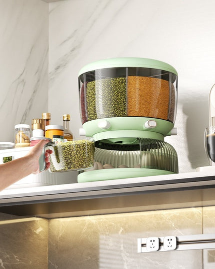 Dozator Etajat de Cereale Rotativ 360, 6 Compartimente, Capacitate 10L, Cofraj Special pentru Oua, Vas pentru Scurgerea Cerealelor