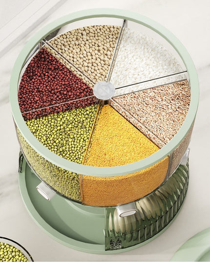 Dozator Etajat de Cereale Rotativ 360, 6 Compartimente, Capacitate 10L, Cofraj Special pentru Oua, Vas pentru Scurgerea Cerealelor