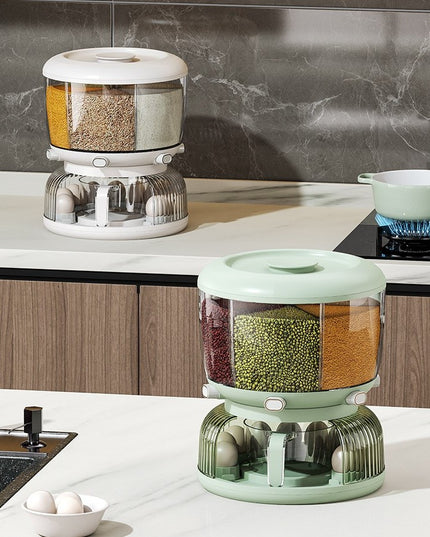 Dozator Etajat de Cereale Rotativ 360, 6 Compartimente, Capacitate 10L, Cofraj Special pentru Oua, Vas pentru Scurgerea Cerealelor