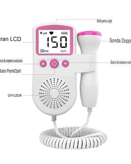 Monitor Fetal Doppler, Monitorizare Sarcina, Ritm Cardiac, Ecran LCD 4.5 cm, 2 x Baterii AA (neincluse), Portabil, din ABS, 12.8 x 9.6 x 3