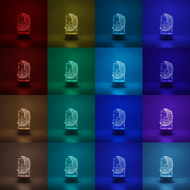 Lampa LED decorativa, 3D, Ursulet si Semiluna, cu telecomanda, doua moduri de alimentare USB si baterii, inaltime, din material acril si lumina multicolora