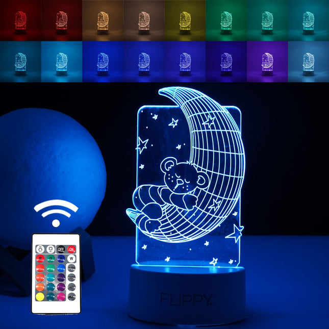 Lampa LED decorativa, 3D, Ursulet si Semiluna, cu telecomanda, doua moduri de alimentare USB si baterii, inaltime, din material acril si lumina multicolora