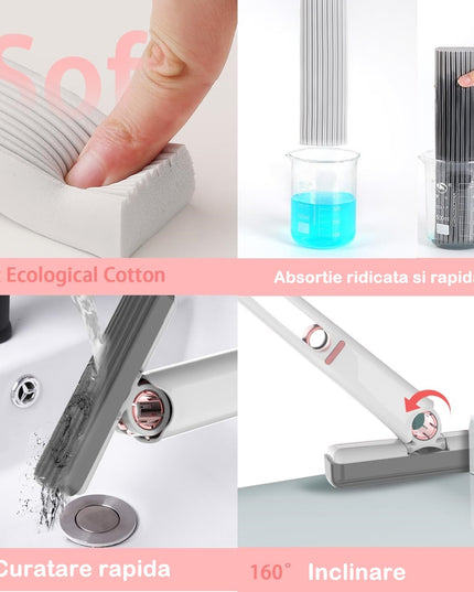 Mop de mana mini-portabil, cu sistem de stoarcere, dispozitiv de curatat manual, cu burete absorbant, material PVA, multisuprafete si geamuri