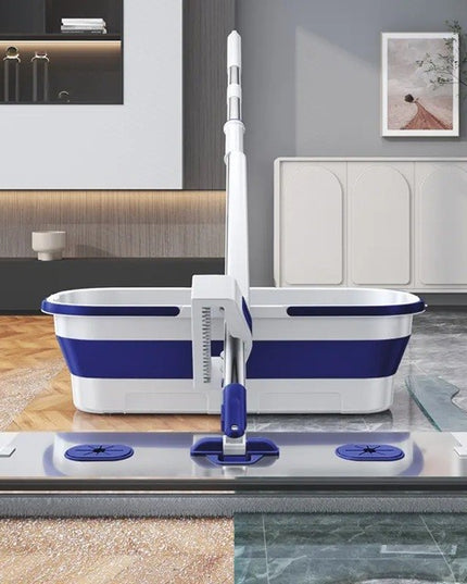 Mop Plat, cu Galeata Pliabila, 2 Rezerve din Microfibra, Tija Telescopica, Utilizare Umeda/Uscata, Recipient Lichid