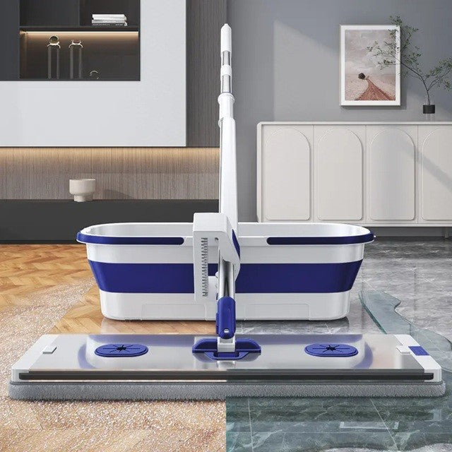 Mop Plat, cu Galeata Pliabila, 2 Rezerve din Microfibra, Tija Telescopica, Utilizare Umeda/Uscata, Recipient Lichid
