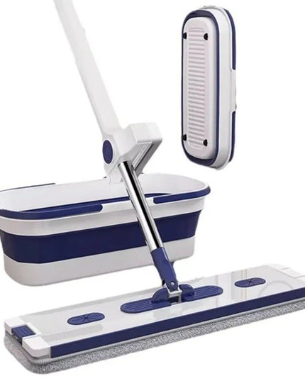 Mop Plat, cu Galeata Pliabila, 2 Rezerve din Microfibra, Tija Telescopica, Utilizare Umeda/Uscata, Recipient Lichid