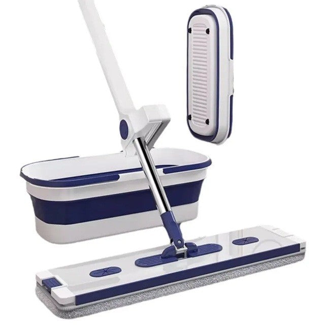 Mop Plat, cu Galeata Pliabila, 2 Rezerve din Microfibra, Tija Telescopica, Utilizare Umeda/Uscata, Recipient Lichid