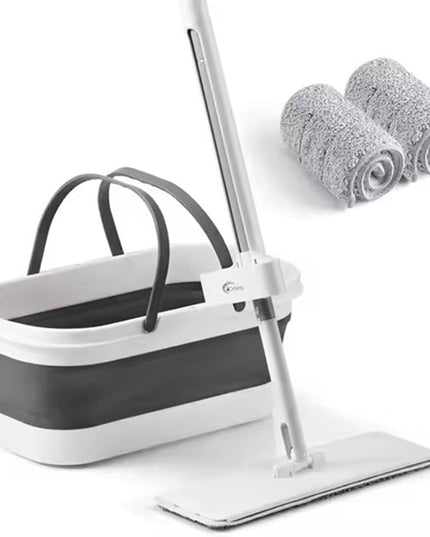 Mop Plat, cu Galeata Pliabila, 2 Rezerve din Microfibra, Tija Telescopica, Utilizare Umeda/Uscata, Recipient Lichid