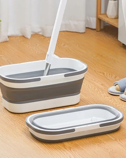 Mop Plat, cu Galeata Pliabila, 2 Rezerve din Microfibra, Tija Telescopica, Utilizare Umeda/Uscata, Recipient Lichid