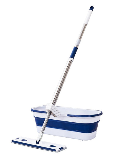 Mop Plat, cu Galeata Pliabila, 2 Rezerve din Microfibra, Tija Telescopica, Utilizare Umeda/Uscata, Recipient Lichid