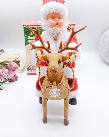 Decoratiune Mos Craciun, Animat, care Canta si Danseaza, cu Saculet, pe Ren, Imbracat Festiv