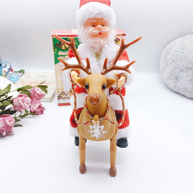 Decoratiune Mos Craciun, Animat, care Canta si Danseaza, cu Saculet, pe Ren, Imbracat Festiv