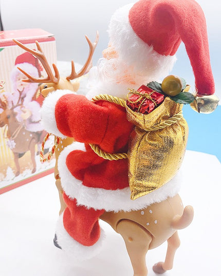 Decoratiune Mos Craciun, Animat, care Canta si Danseaza, cu Saculet, pe Ren, Imbracat Festiv