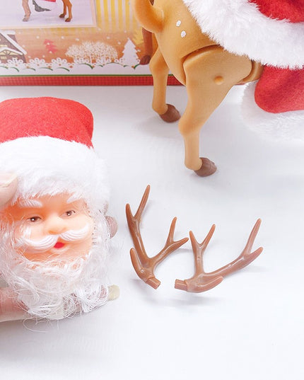 Decoratiune Mos Craciun, Animat, care Canta si Danseaza, cu Saculet, pe Ren, Imbracat Festiv