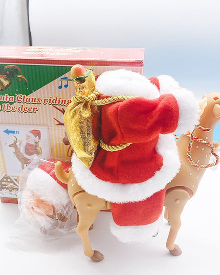 Decoratiune Mos Craciun, Animat, care Canta si Danseaza, cu Saculet, pe Ren, Imbracat Festiv