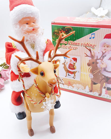 Decoratiune Mos Craciun, Animat, care Canta si Danseaza, cu Saculet, pe Ren, Imbracat Festiv