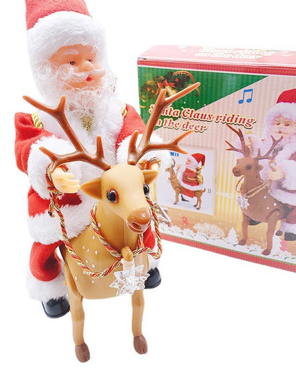 Decoratiune Mos Craciun, Animat, care Canta si Danseaza, cu Saculet, pe Ren, Imbracat Festiv