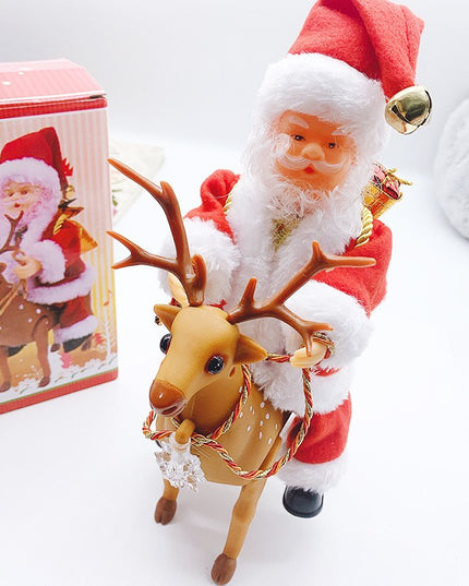 Decoratiune Mos Craciun, Animat, care Canta si Danseaza, cu Saculet, pe Ren, Imbracat Festiv