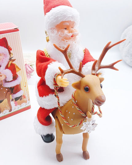 Decoratiune Mos Craciun, Animat, care Canta si Danseaza, cu Saculet, pe Ren, Imbracat Festiv