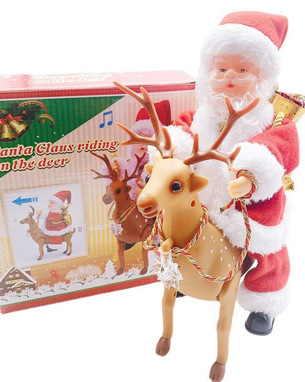 Decoratiune Mos Craciun, Animat, care Canta si Danseaza, cu Saculet, pe Ren, Imbracat Festiv