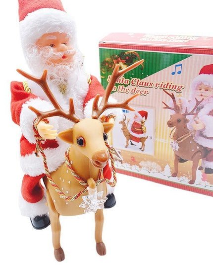 Decoratiune Mos Craciun, Animat, care Canta si Danseaza, cu Saculet, pe Ren, Imbracat Festiv