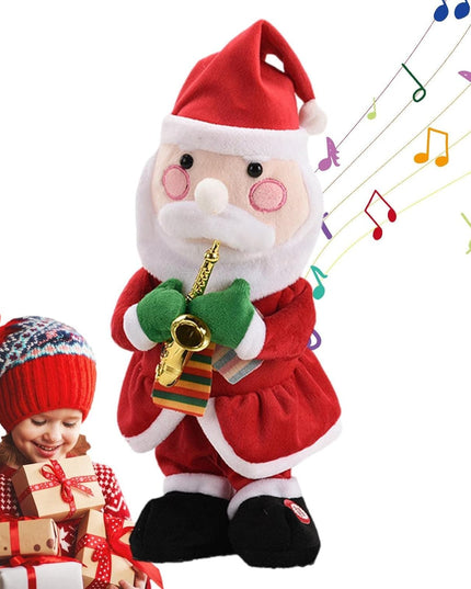 Decoratiune Mos Craciun, Animat, care Canta si Danseaza, cu Saxofon, Imbracat Festiv, Inaltime