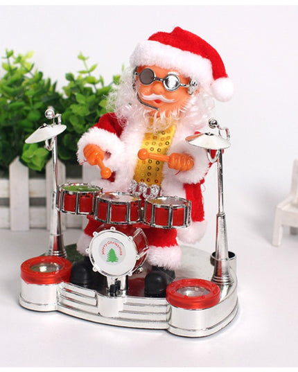 Decoratiune Mos Craciun, Animat, care Canta si Danseaza, cu Tobe, Imbracat Festiv, Inaltime