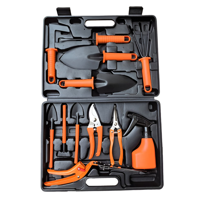 12 Unelte de Gradina, pentru Plantare Prelucrare Sol si Ingrijire Plante, Manere Portocalii, Material PVC si Cardboard, Inclusa