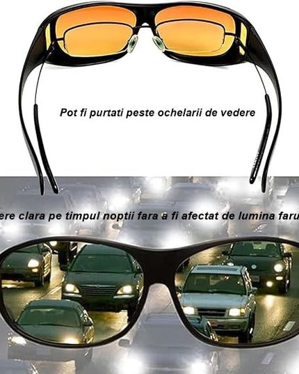 Ochelari pentru Viziune pe Timp de Noapte, Polarizati, pentru Condus, Ciclism, cu Posibilitatea Purtarii peste Ochelarii de Vedere, cu Lentila Galbena, pentru Protectie, Rama Neagra, Pc, 15x5 cm