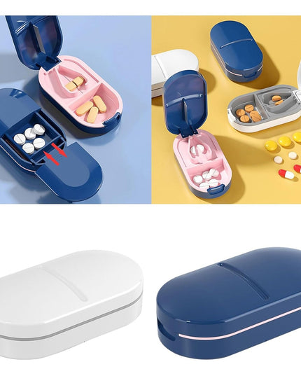 Organizator medicamente, Dispozitiv Taiere/Sfaramare Pastile, Ideala pentru Calatorii, Portabila, Perie pentru Curatare, Compartiment depozitare