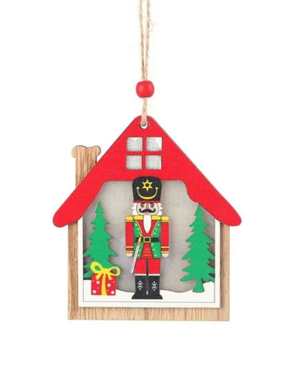 Ornament de Brad, cu Lumini LED, din Lemn, Figurina Spargatorul de Nuci, Model Casuta