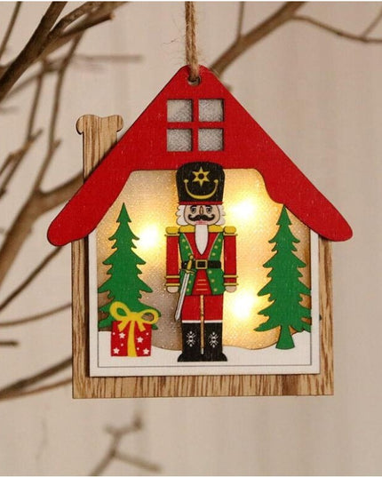 Ornament de Brad, cu Lumini LED, din Lemn, Figurina Spargatorul de Nuci, Model Casuta