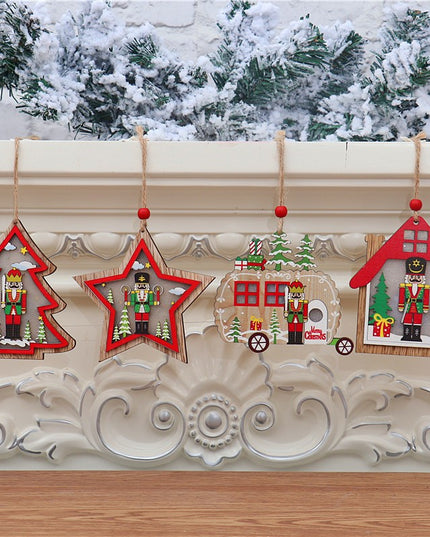 Ornament de Brad, cu Lumini LED, din Lemn, Figurina Spargatorul de Nuci, Model Casuta