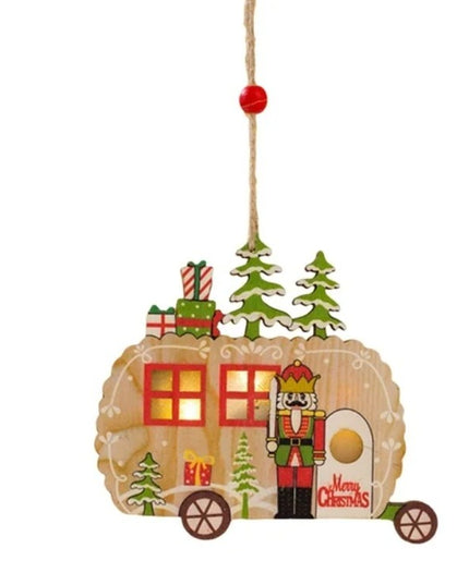 Ornament de Brad, cu Lumini LED, din Lemn, Figurina Spargatorul de Nuci, Model Masina