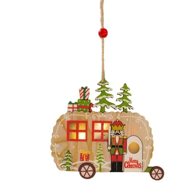 Ornament de Brad, cu Lumini LED, din Lemn, Figurina Spargatorul de Nuci, Model Masina