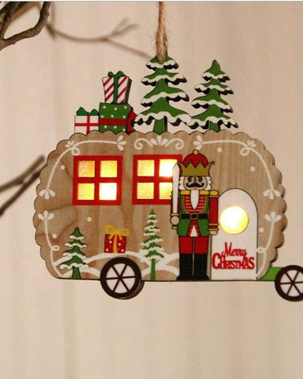 Ornament de Brad, cu Lumini LED, din Lemn, Figurina Spargatorul de Nuci, Model Masina