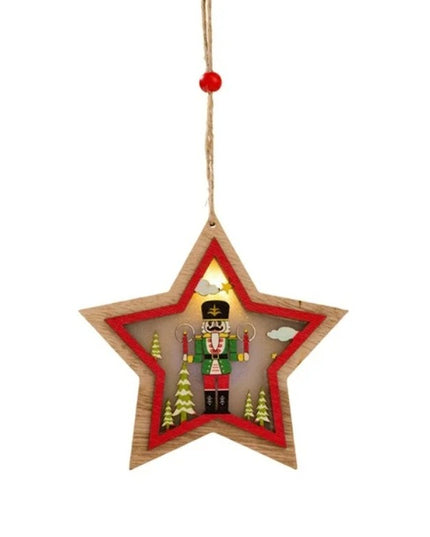 Ornament de Brad, cu Lumini LED, din Lemn, Figurina Spargatorul de Nuci, Model Stea