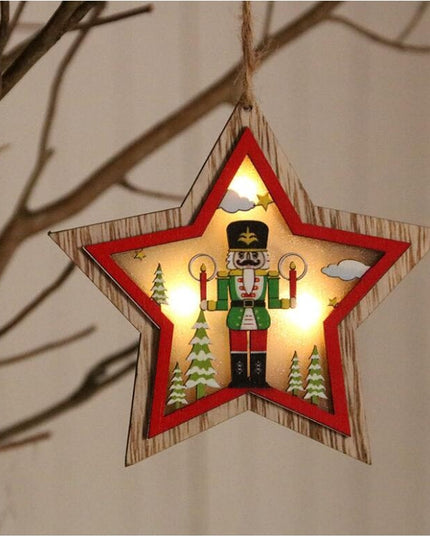 Ornament de Brad, cu Lumini LED, din Lemn, Figurina Spargatorul de Nuci, Model Stea