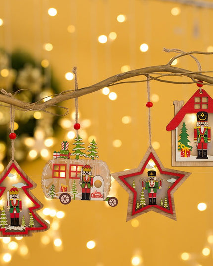 Ornament de Brad, cu Lumini LED, din Lemn, Figurina Spargatorul de Nuci, Model Stea