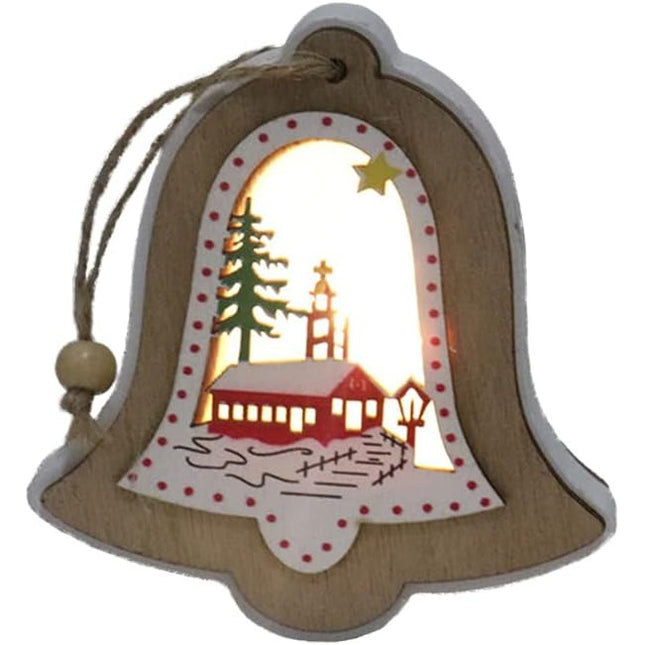 Ornament de Brad, cu Lumini LED, din Lemn, Model Clopot