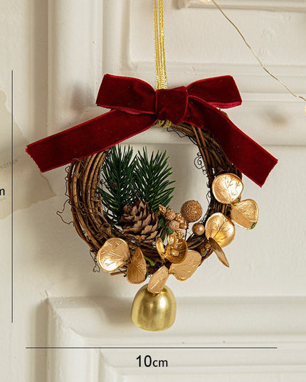 Ornament de Brad, tip Coronita de Craciun cu 1 Clopotel cu Flori Aurii si Conuri de Brad, Panglica Rosie de Velvet