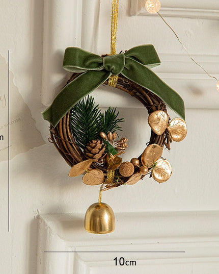 Ornament de Brad, tip Coronita de Craciun cu 1 Clopotel cu Flori Aurii si Conuri de Brad, Panglica