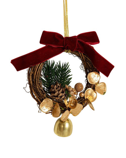 Ornament de Brad, tip Coronita de Craciun cu 1 Clopotel cu Flori Aurii si Conuri de Brad, Panglica Rosie de Velvet