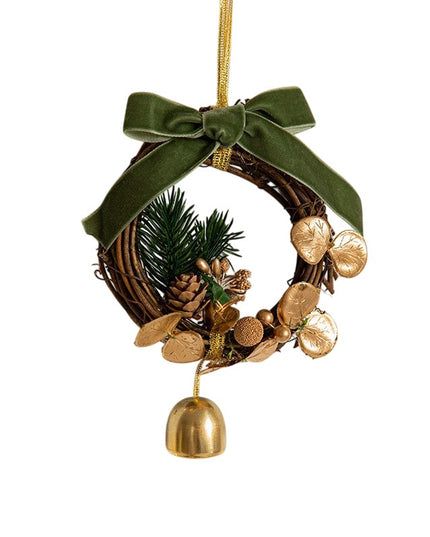 Ornament de Brad, tip Coronita de Craciun cu 1 Clopotel cu Flori Aurii si Conuri de Brad, Panglica